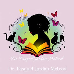 Create an elegant and vibrant logo for a book featuring a silhouette of a woman with short dreadlocks, music notes, butterflies, two cat silhouettes, and a book