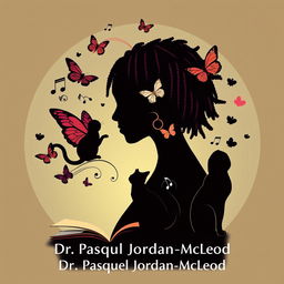 Create an elegant and vibrant logo for a book featuring a silhouette of a woman with short dreadlocks, music notes, butterflies, two cat silhouettes, and a book