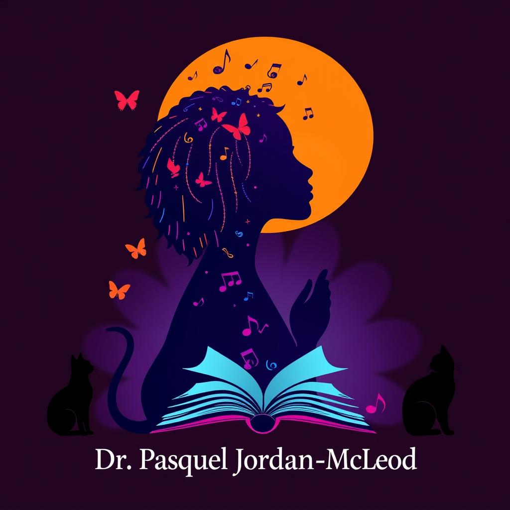 Create an elegant and vibrant logo for a book featuring a silhouette of a woman with short dreadlocks, music notes, butterflies, two cat silhouettes, and a book