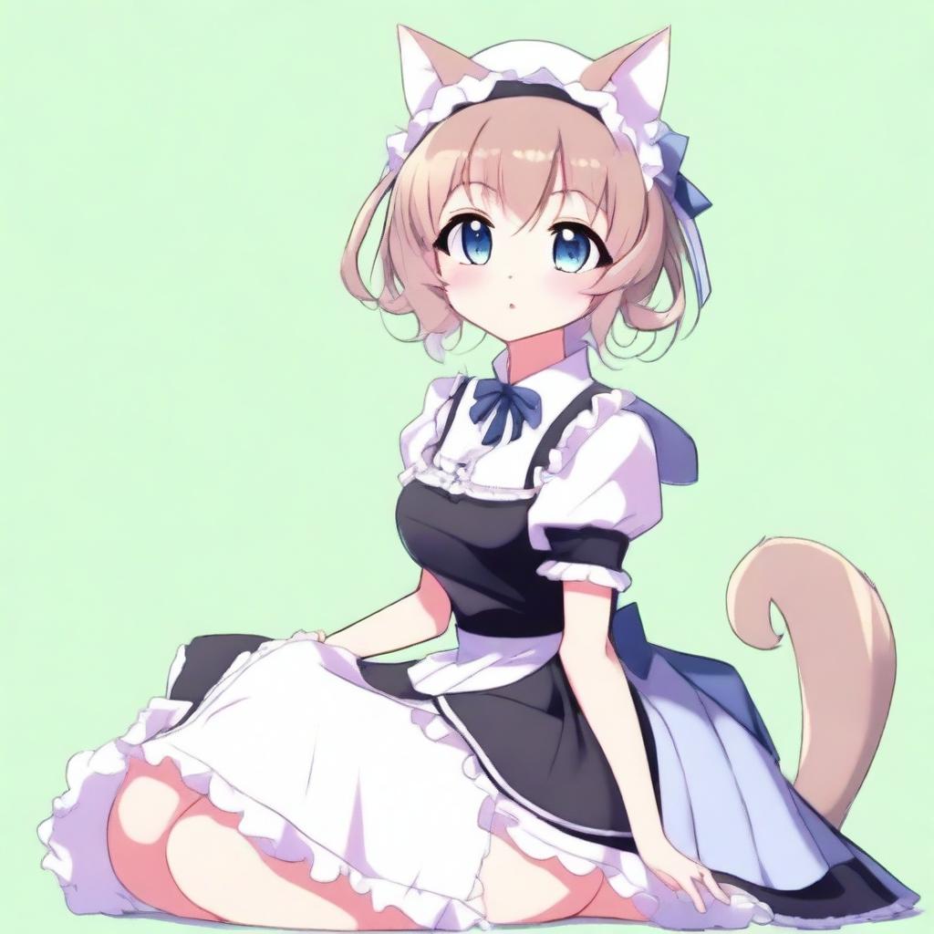 An adult, flustered, cute, and seductive cat girl in anime style, dressed as a maid