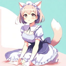 An adult, flustered, cute, and seductive cat girl in anime style, dressed as a maid