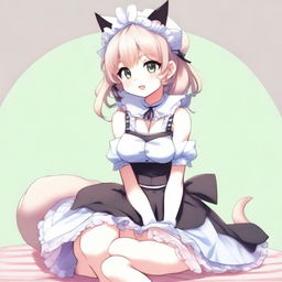 An adult, flustered, cute, and seductive cat girl in anime style, dressed as a maid