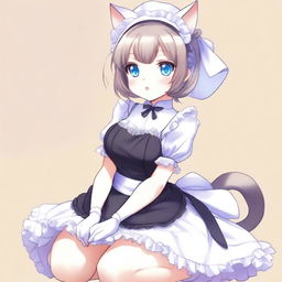 An adult, flustered, cute, and seductive cat girl in anime style, dressed as a maid