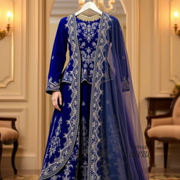 A luxurious sapphire blue sharara with intricate silver thread work, paired with a peplum style kameez