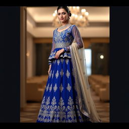 A luxurious sapphire blue sharara with intricate silver thread work, paired with a peplum style kameez