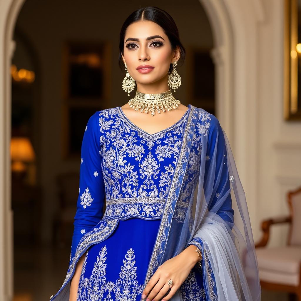 A luxurious sapphire blue sharara with intricate silver thread work, paired with a peplum style kameez