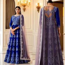 A luxurious sapphire blue sharara with intricate silver thread work, paired with a peplum style kameez