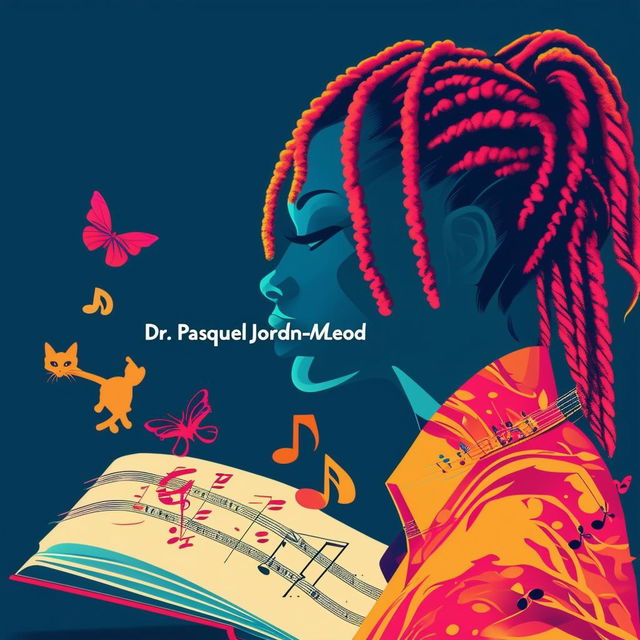 Create an elegant and vibrant logo for a book featuring a silhouette of a woman with short dreadlocks, music notes, butterflies, two cat silhouettes, and an open book