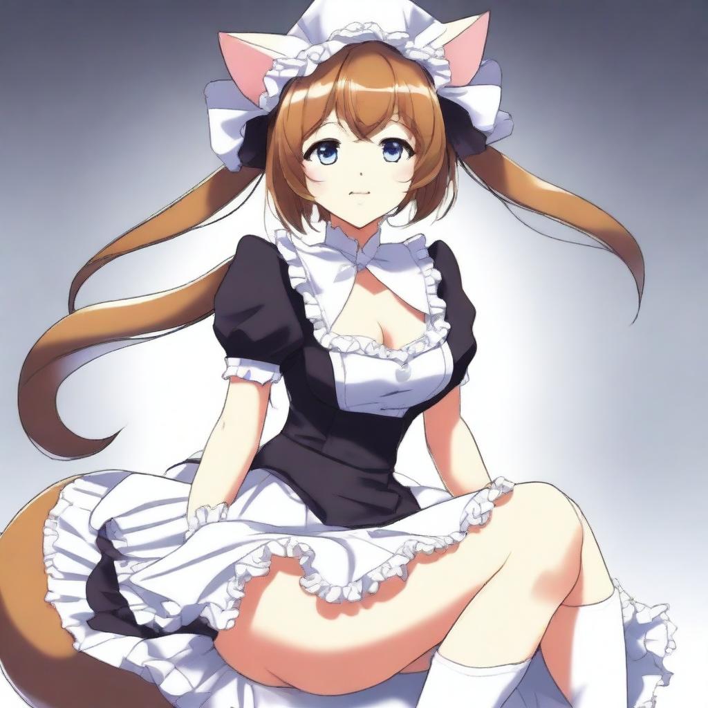 An adult, flustered, cute, and seductive cat girl in anime style, dressed as a maid