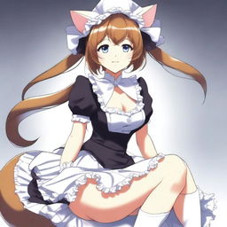 An adult, flustered, cute, and seductive cat girl in anime style, dressed as a maid