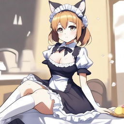 An adult, flustered, cute, and seductive cat girl in anime style, dressed as a maid