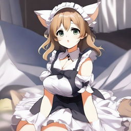 An adult, flustered, cute, and seductive cat girl in anime style, dressed as a maid