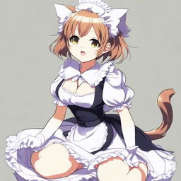 An adult, flustered, cute, and seductive cat girl in anime style, dressed as a maid