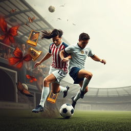 Create a realistic image that blends elements of soccer and fashion history, showing how they have evolved together