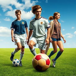 Create a realistic image that blends elements of soccer and fashion history, showing how they have evolved together