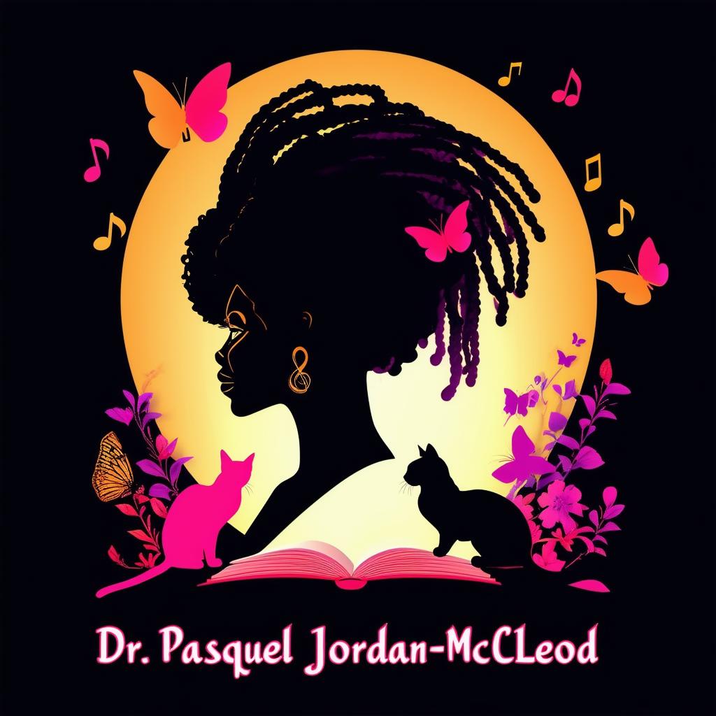 Create an elegant and vibrant logo for a book featuring a silhouette of a woman with short dreadlocks, music notes, butterflies, two cat silhouettes, and a book