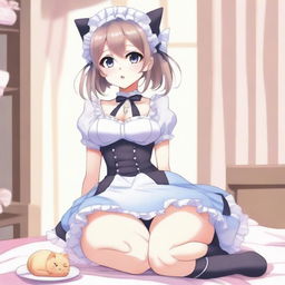 An adult, flustered, cute, and seductive cat girl in anime style, dressed as a maid