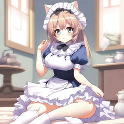 An adult, flustered, cute, and seductive cat girl in anime style, dressed as a maid