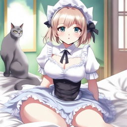 An adult, flustered, cute, and seductive cat girl in anime style, dressed as a maid