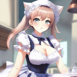 An adult, flustered, cute, and seductive cat girl in anime style, dressed as a maid