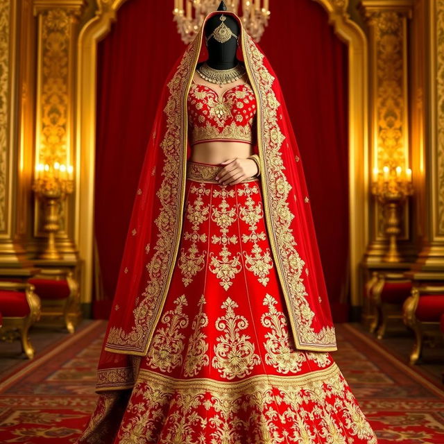 A breathtaking scarlet red lehenga adorned with ornate gold embroidery, featuring a sweetheart neckline blouse