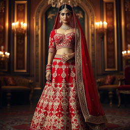 A breathtaking scarlet red lehenga adorned with ornate gold embroidery, featuring a sweetheart neckline blouse