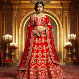 A breathtaking scarlet red lehenga adorned with ornate gold embroidery, featuring a sweetheart neckline blouse