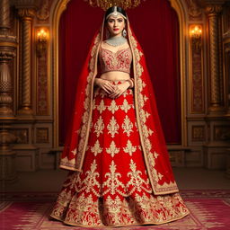 A breathtaking scarlet red lehenga adorned with ornate gold embroidery, featuring a sweetheart neckline blouse