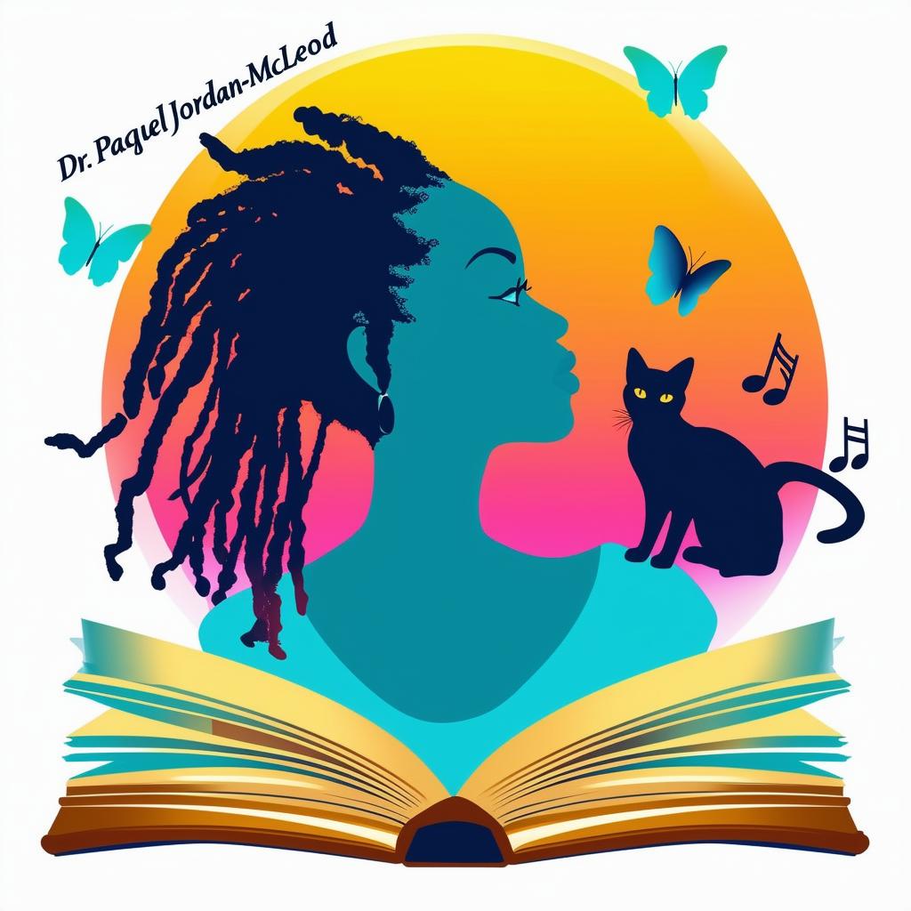 Create an elegant and vibrant logo for a book featuring a silhouette of a woman with short dreadlocks, music notes, butterflies, two cat silhouettes, and an open book