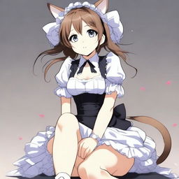 An adult, flustered, cute, and seductive cat girl in anime style, dressed as a maid