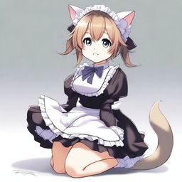 An adult, flustered, cute, and seductive cat girl in anime style, dressed as a maid