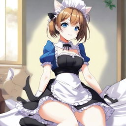 An adult, flustered, cute, and seductive cat girl in anime style, dressed as a maid