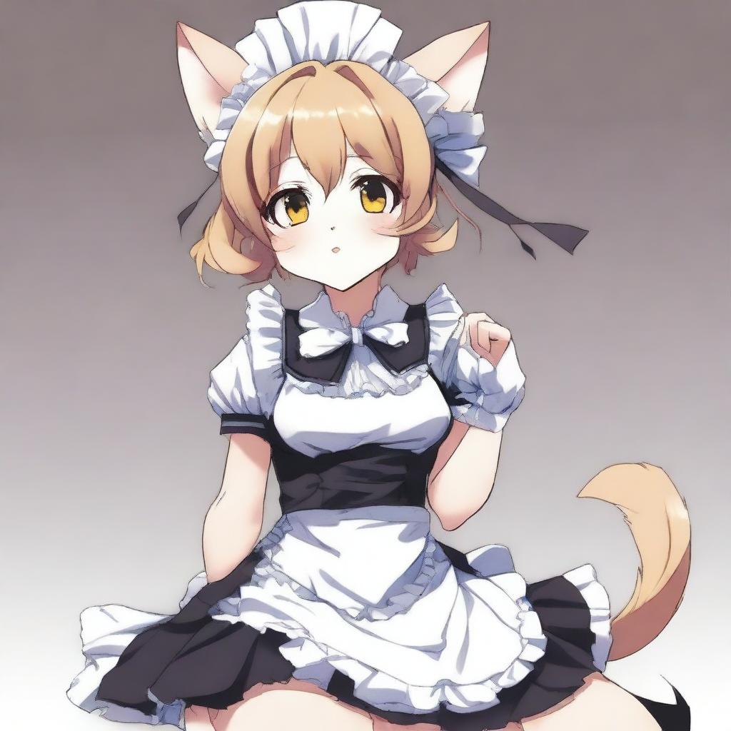 An adult, flustered, cute, and seductive cat girl in anime style, dressed as a maid