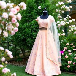 A soft peach lehenga adorned with delicate floral motifs in pastel threadwork, paired with a capped sleeve blouse