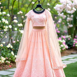 A soft peach lehenga adorned with delicate floral motifs in pastel threadwork, paired with a capped sleeve blouse