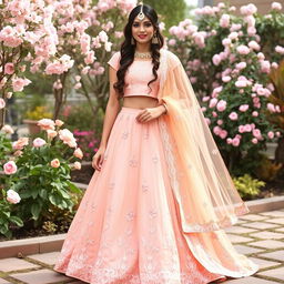 A soft peach lehenga adorned with delicate floral motifs in pastel threadwork, paired with a capped sleeve blouse