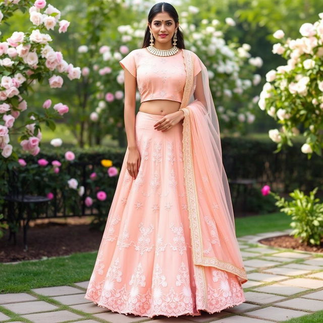 A soft peach lehenga adorned with delicate floral motifs in pastel threadwork, paired with a capped sleeve blouse