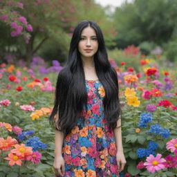 A girl with long black hair standing in a vibrant garden surrounded by colorful, blooming flowers.