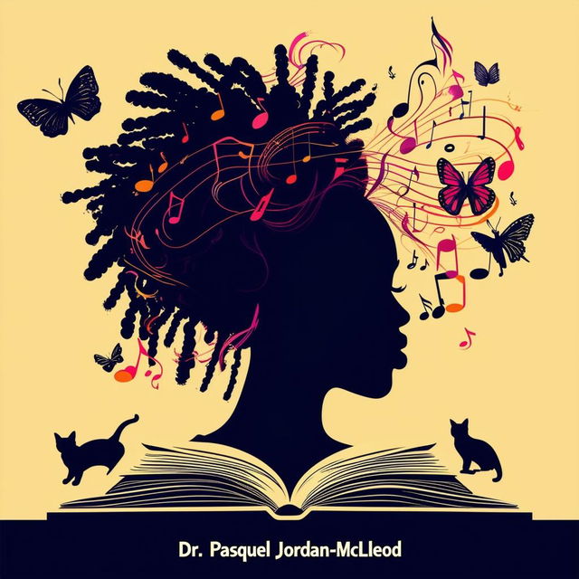 Create an elegant and vibrant logo for a book featuring a silhouette of a woman with short dreadlocks, music notes, butterflies, two cat silhouettes, and an open book