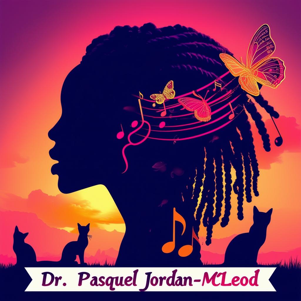 Create an elegant and vibrant logo for a book featuring a silhouette of a woman with short dreadlocks, music notes, butterflies, two cat silhouettes, and a book