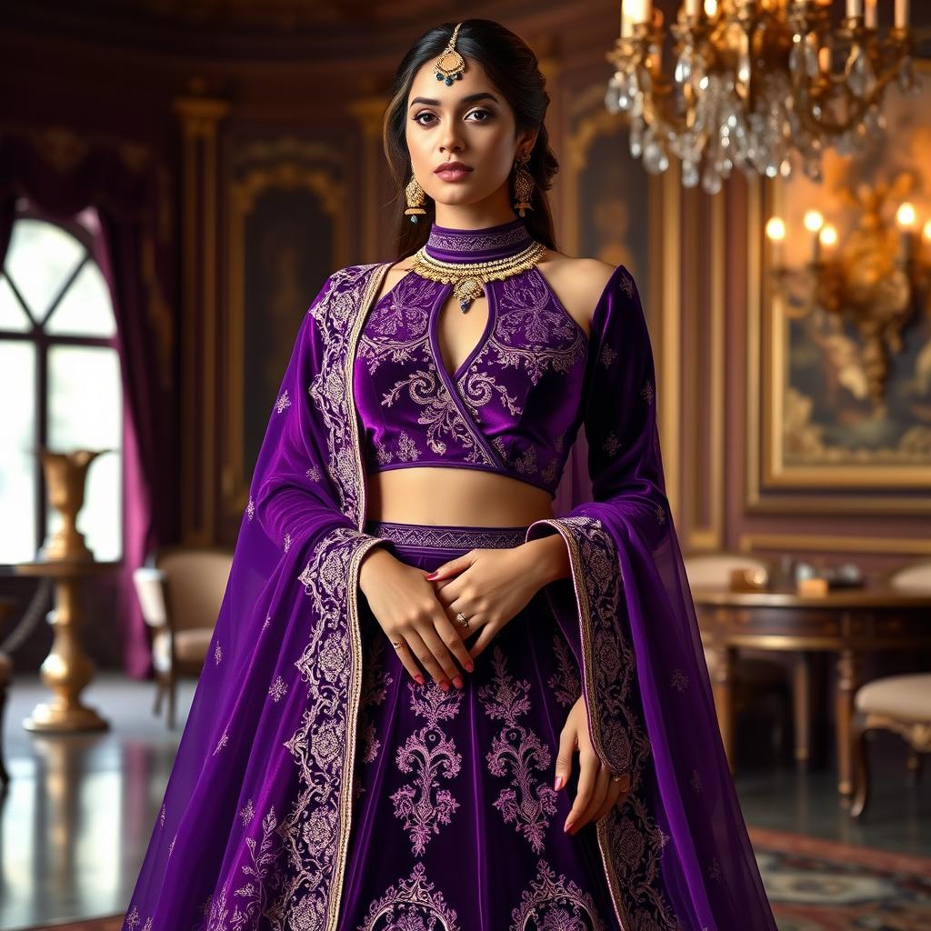 A luxurious velvet lehenga in royal purple, adorned with intricate dabka work