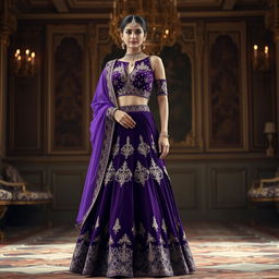 A luxurious velvet lehenga in royal purple, adorned with intricate dabka work