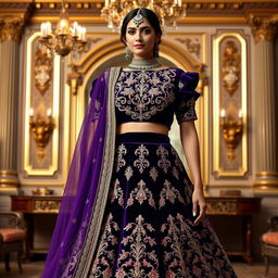 A luxurious velvet lehenga in royal purple, adorned with intricate dabka work