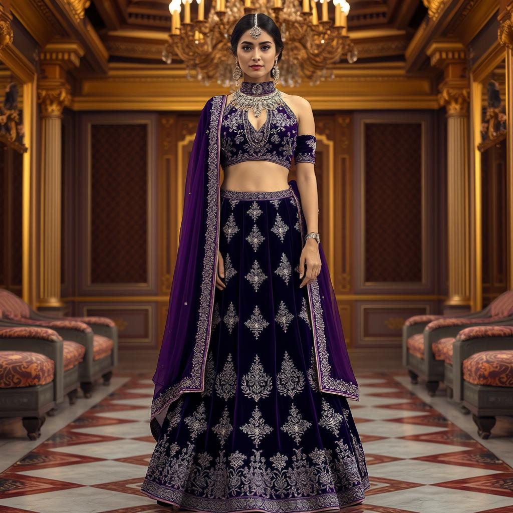 A luxurious velvet lehenga in royal purple, adorned with intricate dabka work