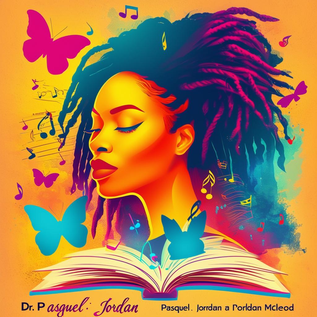 Create an elegant and vibrant logo for a book featuring a silhouette of a woman with short dreadlocks, music notes, butterflies, two cat silhouettes, and a book