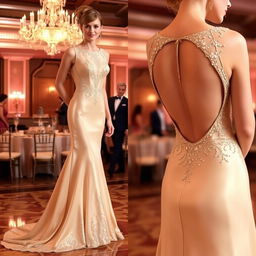 A stunning champagne-colored gown with subtle sequin detailing, featuring a boat neck and an illusion back