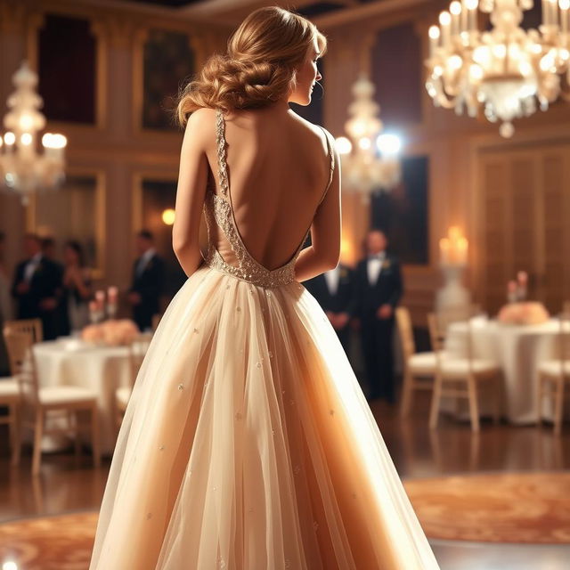 A stunning champagne-colored gown with subtle sequin detailing, featuring a boat neck and an illusion back