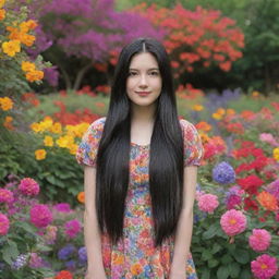 A girl with long black hair standing in a vibrant garden surrounded by colorful, blooming flowers.