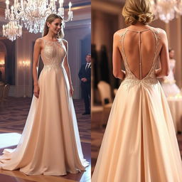 A stunning champagne-colored gown with subtle sequin detailing, featuring a boat neck and an illusion back