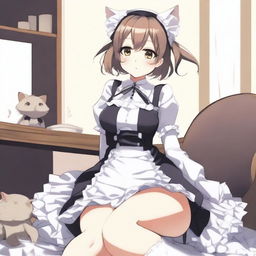 An adult, flustered, cute, and seductive cat girl in anime style, dressed as a maid